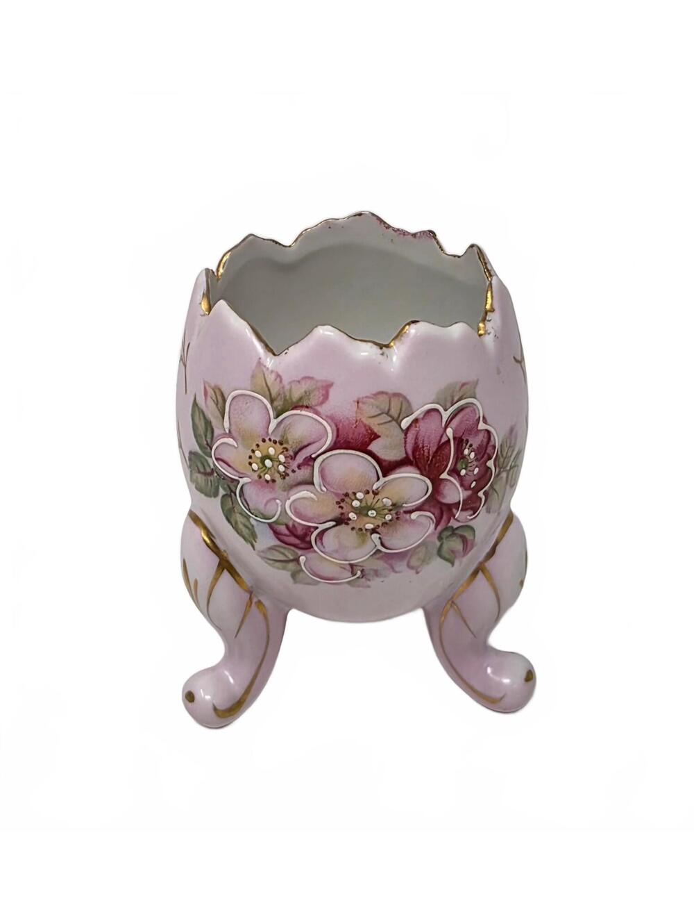 Vintage 1962 Inarco Pink Floral Egg Planter Vase Footed Gold Trim